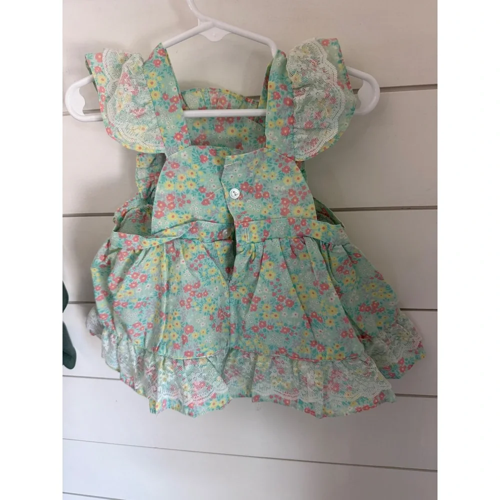 Vintage Baby Girl‎ Floral Pinafore Dress Lace Trim Ruffle Hem Aqua Pink Yellow